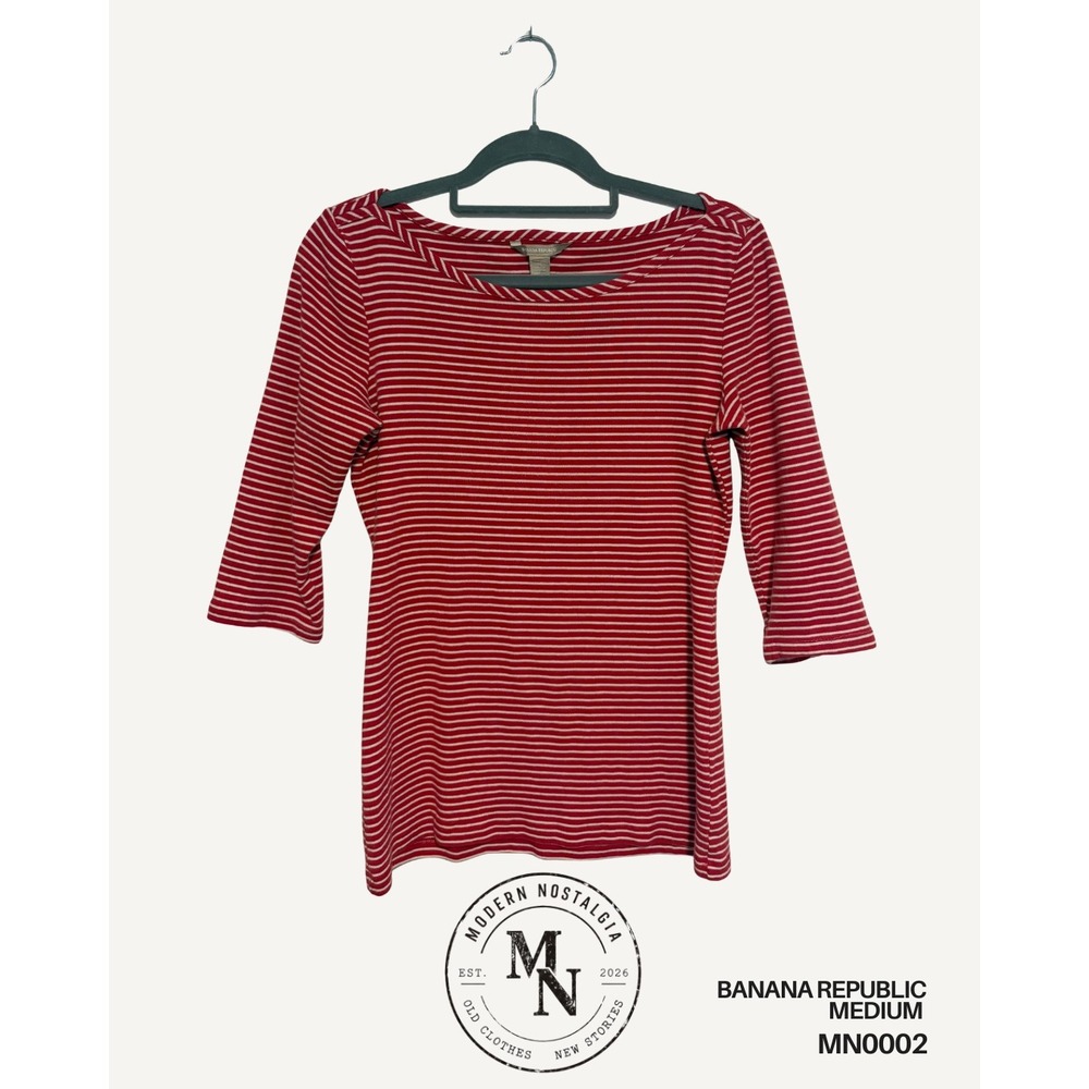 Banana Republic Women's Medium Red White Striped 3/4 Sleeve Cotton Top